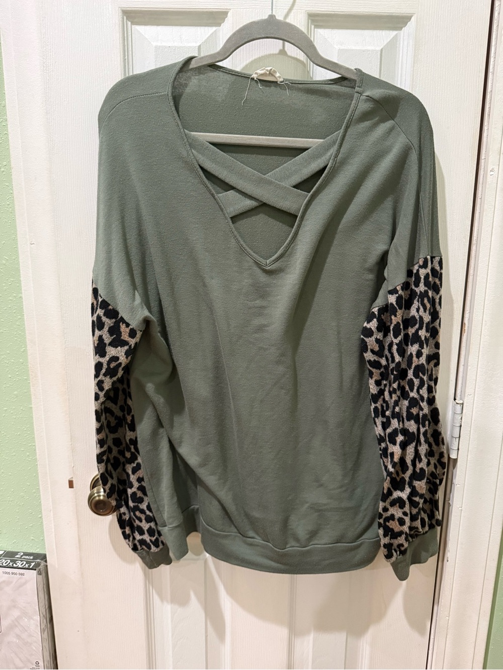 BiBi Olive Green Pullover with Leopard Print Sleeve Accents